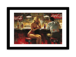 Framed artwork of a woman sitting at a bar with a man, featuring Coca-Cola branding.