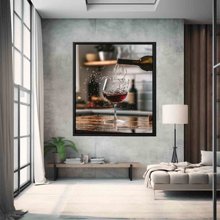 Framed artwork of a wine bottle pouring into a glass in a modern living room.