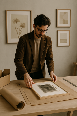 Man carefully handling a framed picture on a wooden table with framed artwork in the background.