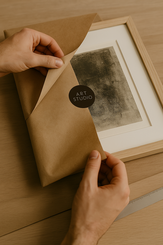 Person wrapping a framed photograph with brown paper, featuring 'Art Studio' branding.
